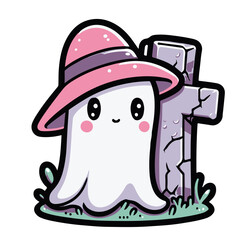Vector sticker of kawaii ghost wearing hat. Cute cartoon character in the style of digital art