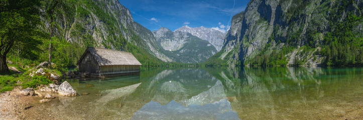 Bootshaus am Obersee lake in Berchtesgaden National Park, Alps Germany