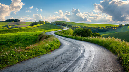 Naklejka premium Well-maintained rural road winding through picturesque countryside