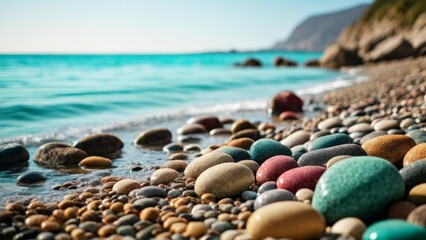  A serene beach with a vibrant array of colorful pebbles