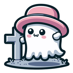 Vector sticker of kawaii ghost wearing hat. Cute cartoon character in the style of digital art