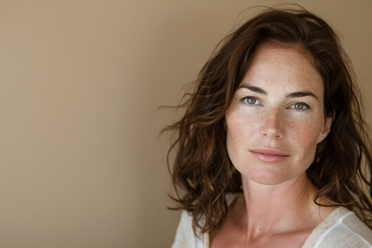 A portrait of an attractive woman in her late thirties with medium-length dark brown hair, wearing no makeup and a natural expression on her face. She has blue eyes and is standing against a beige bac