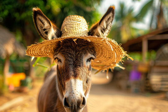 Portrait Of A Donkey Wearing A Straw Hat 