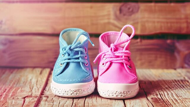 A pair of baby shoes, one blue and one pink, sit on a wooden floor. The shoes are tied with laces and appear to be new.