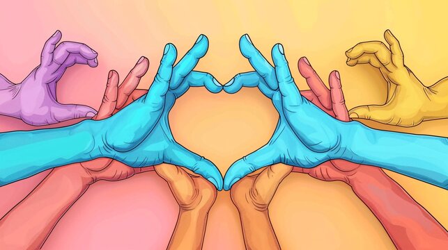 Cartoon hands forming a heart shape with a peace sign inside Stock Photo with copy space