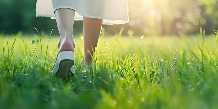 Woman in grass field transitioning from high heels to barefoot surrounded by nature. Concept Nature, Grass Field, High Heels, Barefoot, Transition