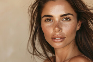 A portrait of an attractive woman in her late thirties with medium-length dark brown hair, wearing no makeup and a natural expression on her face. She has blue eyes and is standing against a beige bac
