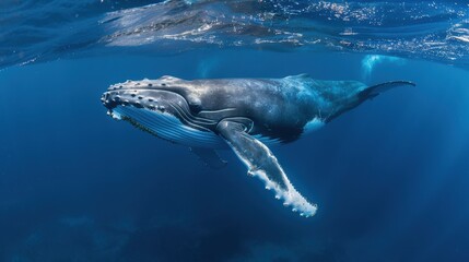 Humpback whale swimming in clear blue ocean