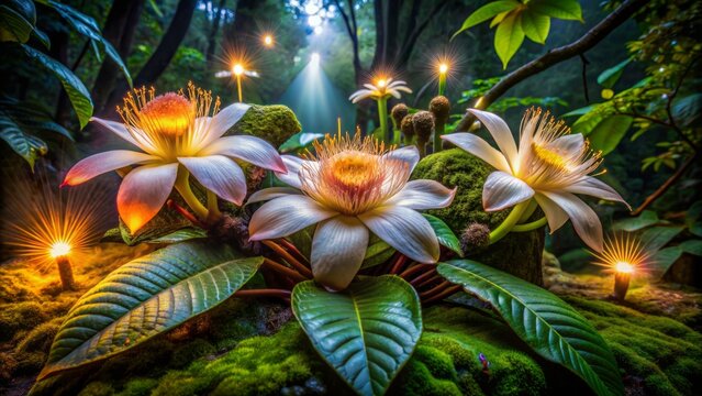 Delicate, exotic, nocturnal blooming flowers of Flor de ?rbol dama de noche amidst dark green leaves on a mystical forest floor.