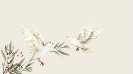 Obraz premium Cartoon peace banner with olive branches and doves in a minimalist design Stock Photo with copy space