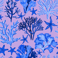Watercolor seamless pattern on the marine theme with underwater plants, seaweeds, corals, starfish. Summer print. Perfect for design templates, wallpaper, wrapping, fabric and textile.