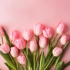 Fototapeta premium Pink Tulips on Pink Background - Beautiful Flowers for Spring - Colored Tullips - Background for Mother's Day, Woman's Day, Valentine's Day or Birthday - Space for Copy or Text
