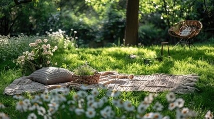 Fototapeta premium Picnic blanket spread out on green grass