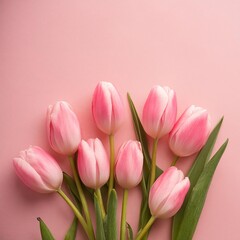 Naklejka premium Pink Tulips on Pink Background - Beautiful Flowers for Spring - Colored Tullips - Background for Mother's Day, Woman's Day, Valentine's Day or Birthday - Space for Copy or Text