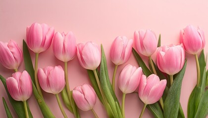 Obraz premium Pink Tulips on Pink Background - Beautiful Flowers for Spring - Colored Tullips - Background for Mother's Day, Woman's Day, Valentine's Day or Birthday - Space for Copy or Text