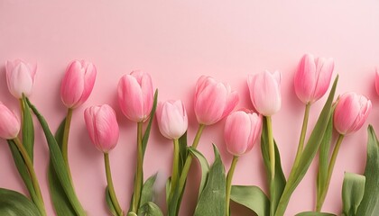 Fototapeta premium Pink Tulips on Pink Background - Beautiful Flowers for Spring - Colored Tullips - Background for Mother's Day, Woman's Day, Valentine's Day or Birthday - Space for Copy or Text