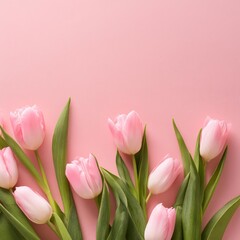 Obraz premium Pink Tulips on Pink Background - Beautiful Flowers for Spring - Colored Tullips - Background for Mother's Day, Woman's Day, Valentine's Day or Birthday - Space for Copy or Text