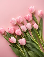Obraz premium Pink Tulips on Pink Background - Beautiful Flowers for Spring - Colored Tullips - Background for Mother's Day, Woman's Day, Valentine's Day or Birthday - Space for Copy or Text