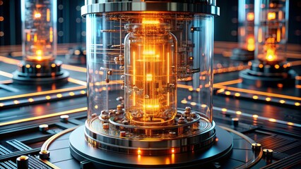 Futuristic quantum computer with glowing orange lights illuminates intricate circuitry visible through transparent cylindrical shell, advanced technological marvel revealed.