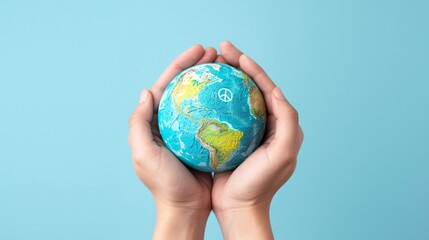 Cartoon hands holding a globe with peace signs for International Peace Day Stock Photo with copy space