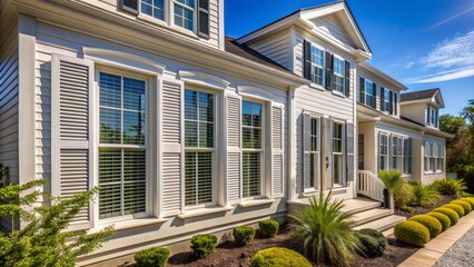 Sturdy white plantation shutters with adjustable horizontal louvers adorn a modern American home's large windows on a sunny day exterior.