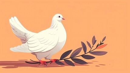 Fototapeta premium Cartoon white dove with an olive branch on a minimal pastel background Stock Photo with copy space