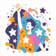 Obraz premium youth day, colorful stars, basketball and circles around the letters. Colorful balloons, confetti and leaves provide a backdrop. 