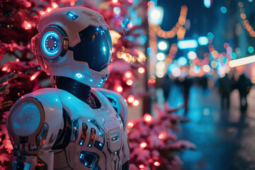 Fototapeta premium Futuristic robot standing in city decorated for christmas time