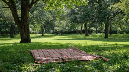 Picnic blanket spread out on green grass