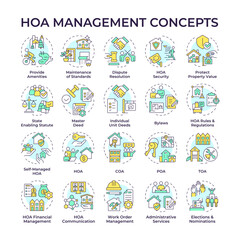 HOA management multi color concept icons. Home owner association. Property management. Neighborhood. Administrative tasks. Icon pack. Vector images. Round shape illustrations. Abstract idea