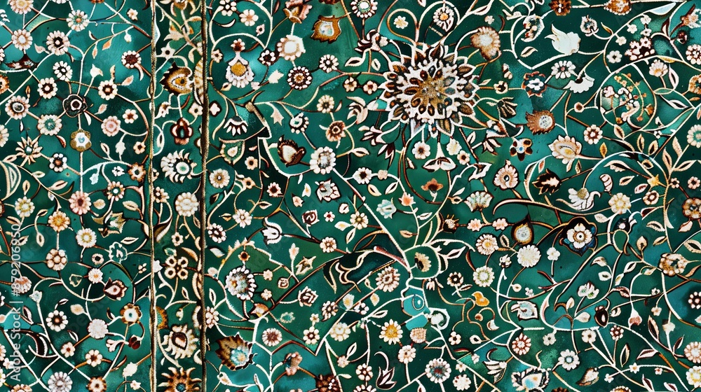 Canvas Prints Close up of a Persian tile pattern with green color and floral motifs