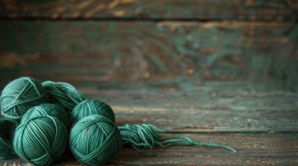 Balls of green yarn on aged wooden table