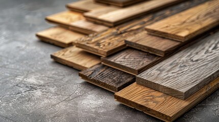 Oak parquet flooring samples on gray background with empty space