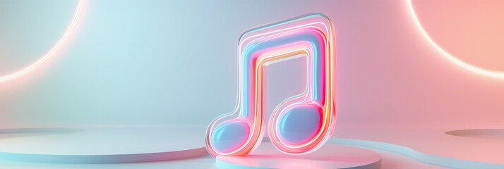 Neon glowing musical note on a pastel background, modern minimal gradient design.