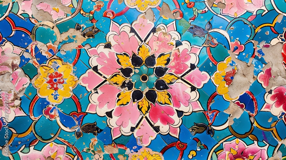 Poster Close up of a Persian tile pattern with pink color and floral motifs