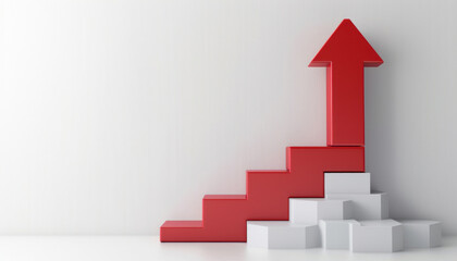 A red arrow moves up on a white staircase, symbolizing progress and improvement