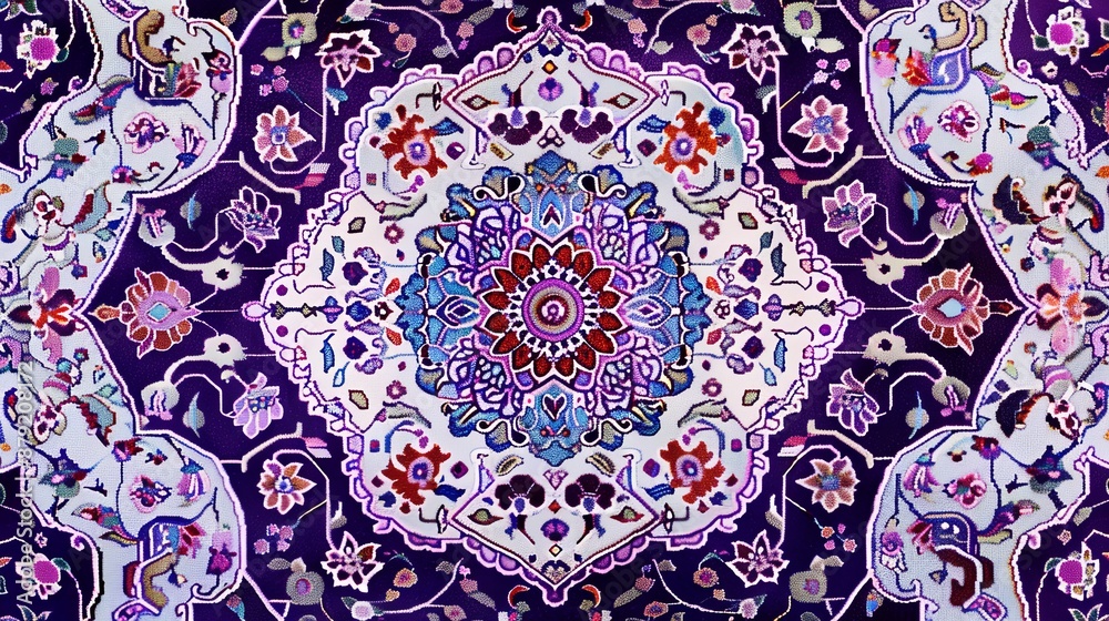 Wall mural Close up of a Persian tile pattern with purple color and floral motifs