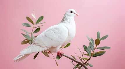 Obraz premium White dove with an olive branch on a minimal pastel background Stock Photo with copy space