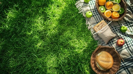 Picnic blanket spread out on green grass