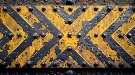 Obraz premium Yellow and black anti rust painted industrial boat floor plate with robust metal pattern on old iron deck Weathered metal texture background in modern design concept with space for text