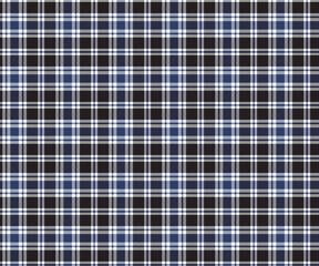 Plaid pattern, black, blue, white, seamless for textiles and design clothing, skirts, pants, aprons, tablecloths, blankets or decorative fabrics. Vector illustration.