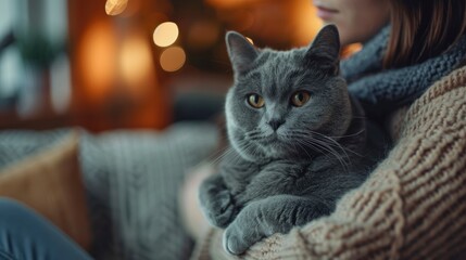 Portrait of a gray cat held in the lap of an unrecognizable woman, cozy living room with warm ambient lighting, peaceful and heartwarming atmosphere