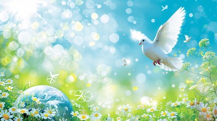 White dove flying over a globe with peace signs and flowers Stock Photo with copy space
