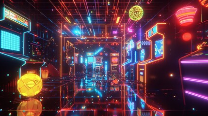 Neon-lit Retro Arcade with Futuristic Vibes for Gaming and Entertainment. Perfect for Video Game Design, Social Media, and Promotional Material.