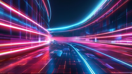 Obraz premium Dynamic neon cyberpunk highway with vibrant lights, perfect for sci-fi animations, tech advertisements, and futuristic concept art.