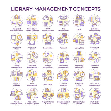 Library management multi color concept icons. Software for books managing. Security measures. Book circulation system. Icon pack. Vector images. Round shape illustrations. Abstract idea