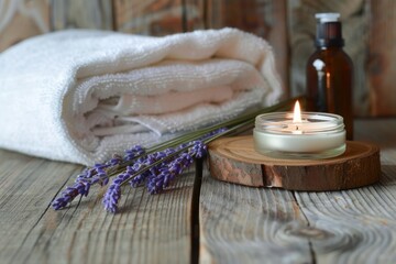 spa still life with lavender oil, white towel and perfumed candle on natural wood