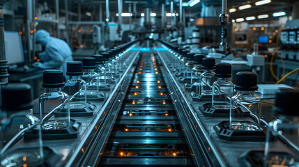 Fototapeta premium Modern automated pharmaceutical manufacturing line with bottles on a conveyor belt, showcasing advanced industry technology and efficiency.
