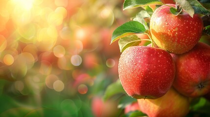 Obraz premium Dewy Apples Hanging On Bright Orchard Branches Under Warm Light With Fresh Green Leaves Enhancing The Calm And Natural Atmosphere