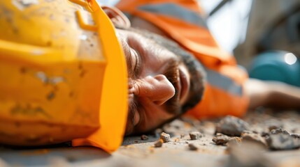 A construction worker is seen lying injured on the ground with a bright yellow hard hat, illustrating the dangers of construction work and the need for safety measures and precautions.